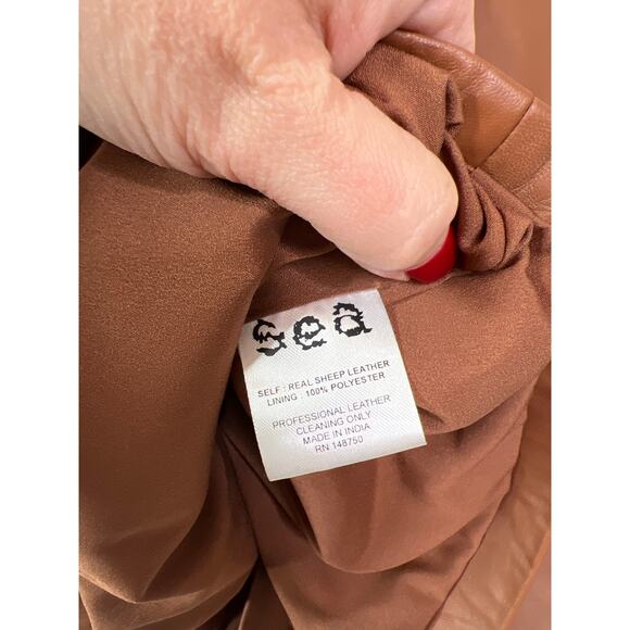 NEW Sea New York Lora Leather Back Buttoned Ruffled Neck Top Caramel Brown - Picture 6 of 7